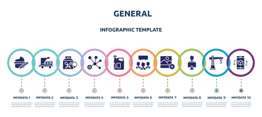 general concept infographic design template. included beauty care, electro car, food delivery, advertising networks, engine oil, group opinion, add photos, coworking, ar app icons and 10 option or