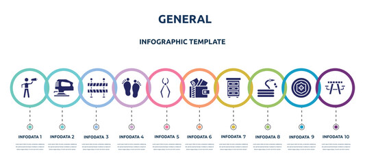 general concept infographic design template. included leader with loudspeaker, fretsaw, traffic barriers, steps, nail puller, card wallet, office cabinet, hose with drops, picnic table with basket