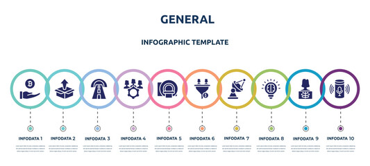 general concept infographic design template. included initial coin offering, product release, road tunnel, project team, mri scanner, lead conversion, satellite antenna, invention, smart assistant