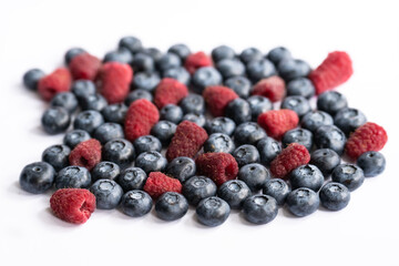 Close-up of blueberries with raspberries