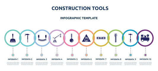 Fototapeta na wymiar construction tools concept infographic design template. included dustpan, battle axe, mezzaluna, davit, wrecking ball, inflamable, balance ruler, sliding scale, air compressor icons and 10 option or