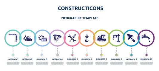 constructicons concept infographic design template. included angle ruler, excavator hine arm, tools window, two screws, wrench and screwdriver cross, constructions, truck with crane, construction