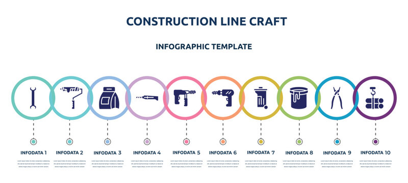construction line craft concept infographic design template. included big double wrench, brush for painting, washing powder, stationery knife, big driller, perforator, dumpster, paint can open,