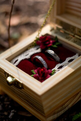 Wedding ring among dry leaves.