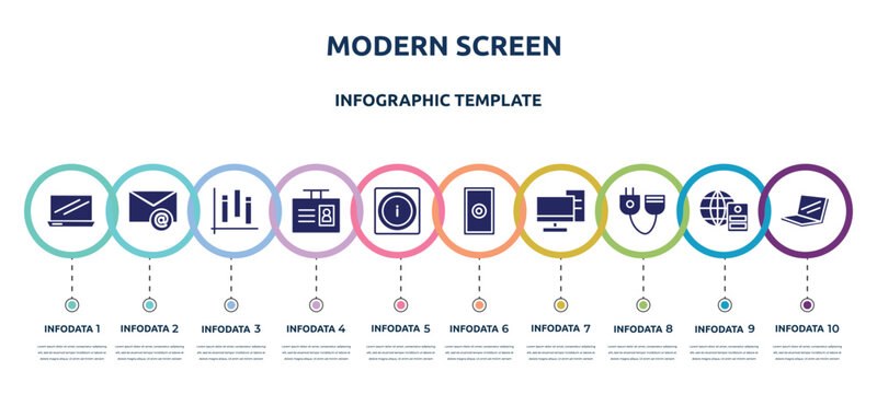 Modern Screen Concept Infographic Design Template. Included Laptop Frontal Opened View, Email Envelope, Chart Of Columns, Id Badge, Information On Internet, Grip, Server From Client, Plug Connector,