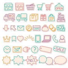 抜け感のある線画のシール風ショップアイコンセット　カラフル