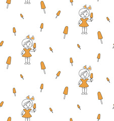 Girl in orange dress holding an ice-cream seamless pattern on white background