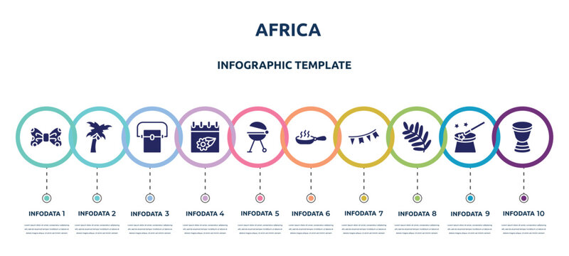 Africa Concept Infographic Design Template. Included Bow Tie, Coconut Tree, Freezer, Season, Grill, Pan, Garlands, Fern, African Drums Icons And 10 Option Or Steps.