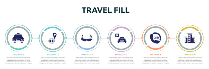 travel fill concept infographic design template. included taxi frontal vehicle, geolocated place, old fashion glasses, parking hotel, 24 hours phone attention service, hotel icons and 6 option or