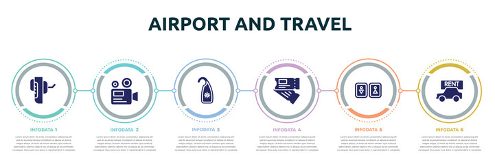 airport and travel concept infographic design template. included breathalyzer, camera recorder, hang, airplane flight ticket, toilets, rent a car icons and 6 option or steps.