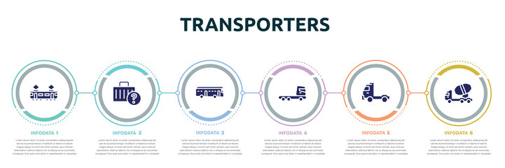 transporters concept infographic design template. included tram side view, lost and found, checker, truck cabin side view, pickup truck side view, concrete mixer truck icons and 6 option or steps.