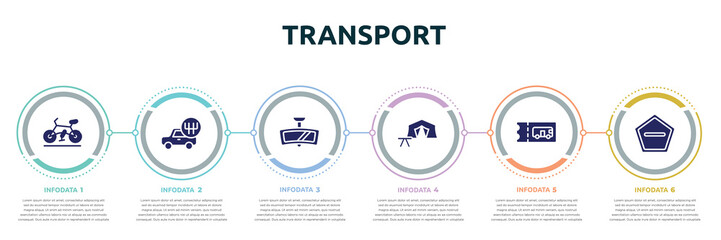 transport concept infographic design template. included road bike, shift, rear-view mirror, campsite, bus ticket, do not enter icons and 6 option or steps.