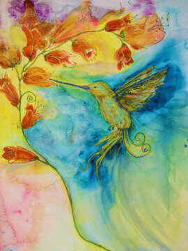 Golden colibry. The dabbing technique near the edges gives a soft focus effect due to the altered surface roughness of the paper.