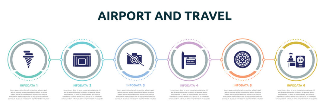 airport and travel concept infographic design template. included icecream cone, sick bag, no photos, rent, car parts, passport control icons and 6 option or steps.