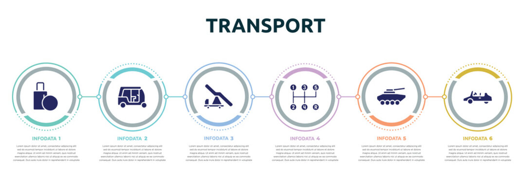 transport concept infographic design template. included final call, tuc tuc, aircraft stairs, manual transmission, armored vehicle, icons and 6 option or steps.