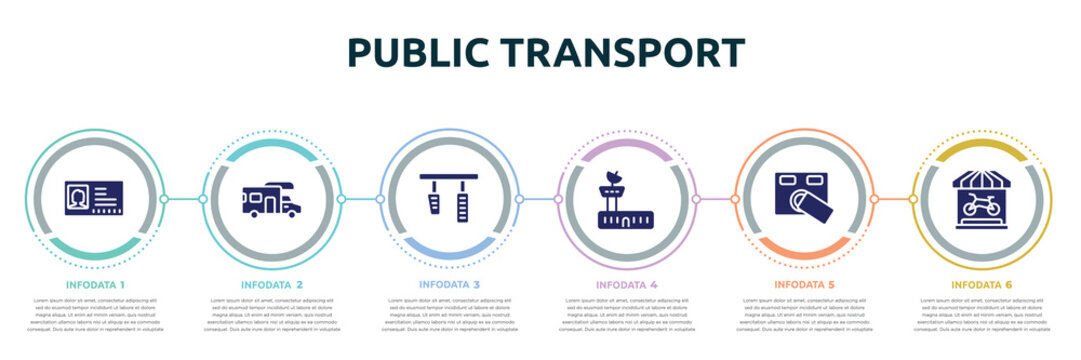Public Transport Concept Infographic Design Template. Included Driving Pass, Rv, Brake Pedal, Air Traffic Controller, Access Control, Bike Shop Icons And 6 Option Or Steps.