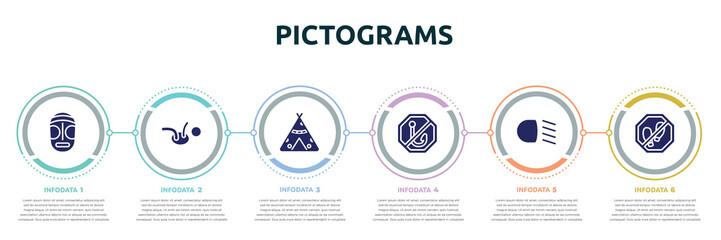 pictograms concept infographic design template. included native american mask, childcare, native american wigwam, no fishing, low beam, no step icons and 6 option or steps. © VectorStockDesign