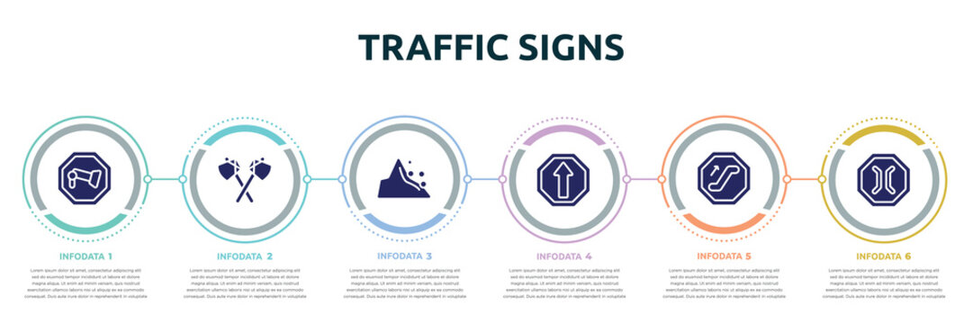 traffic signs concept infographic design template. included camera, native american axes, mountain pse, ahead only, or, narrow bridge icons and 6 option or steps.