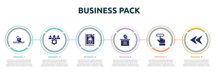 business pack concept infographic design template. included waterpolo, team management, encrpyted file, manual voting, subscription, left arrow head icons and 6 option or steps.