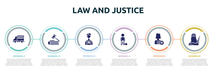 law and justice concept infographic design template. included prisoner transport vehicle, employment law, advocate, convict, attorney, icons and 6 option or steps.