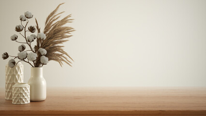 Interior design concept, wooden table, desk or shelf close up. Ceramic vases with dry plants, and cotton flowers. White background with copy space, template mock up idea