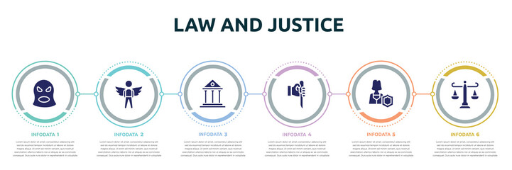 law and justice concept infographic design template. included balaclava, innocent, court, murder, custody, adminstrative law icons and 6 option or steps.