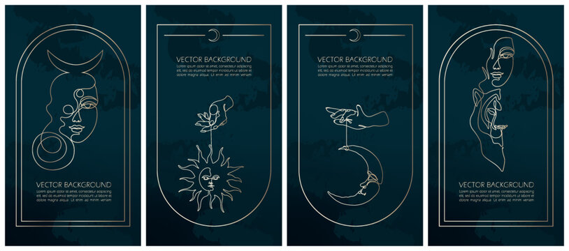 Set of golden mysterious vector illustrations for stories templates, mobile app, landing page, web design, posters. Occult magic background for astrology, fortune telling, tarot concept. One line art 