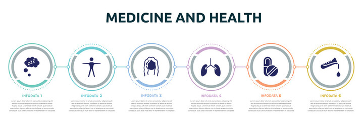 medicine and health concept infographic design template. included zzz sleep, human body standing, long wavy hair, lungs, capsule, test tube, flask and drop of blood icons and 6 option or steps.