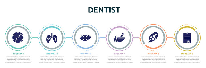 dentist concept infographic design template. included drug abuse, lungs with the trachea, eye with enlarged pupil, natural herbs and a mortar for healing, fetus in an uterus, note on a clipboard