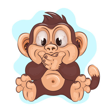 Cartoon Silent Monkey. Cartoon illustration of a silent monkey covering his mouth with his hands. Cartoon mascot. Positive and unique design. 
