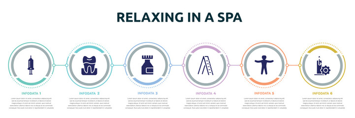 relaxing in a spa concept infographic design template. included hospital syringe, premolar, medicine flask, mechanical ladder, standing human body, candle flower icons and 6 option or steps.