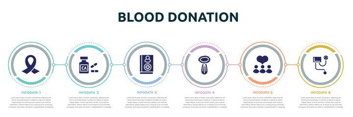 blood donation concept infographic design template. included funeral, calcium, handbook, celery, donors, blood pressure meter icons and 6 option or steps.