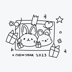 Chinese New Year 2023, the year of the rabbit, red and gold line art characters, simple hand-drawn Asian elements with craft (Chinese translation: Happy Chinese New Year 2023, year of the rabbit).
