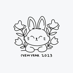 Chinese New Year 2023, the year of the rabbit, red and gold line art characters, simple hand-drawn Asian elements with craft (Chinese translation: Happy Chinese New Year 2023, year of the rabbit).