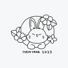 Chinese New Year 2023, the year of the rabbit, red and gold line art characters, simple hand-drawn Asian elements with craft (Chinese translation: Happy Chinese New Year 2023, year of the rabbit).