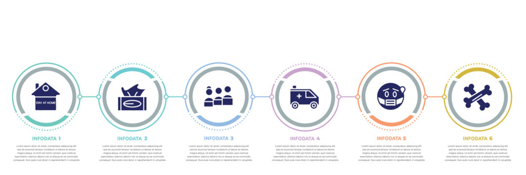 Concept Infographic Design Template. Included Stay At Home, Tissue, People, Ambulance, Sick, Bone Icons And 6 Option Or Steps.