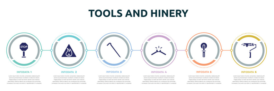 tools and hinery concept infographic design template. included stopping, inflamable, crowbar, , knife for pizza, brush for painting icons and 6 option or steps.