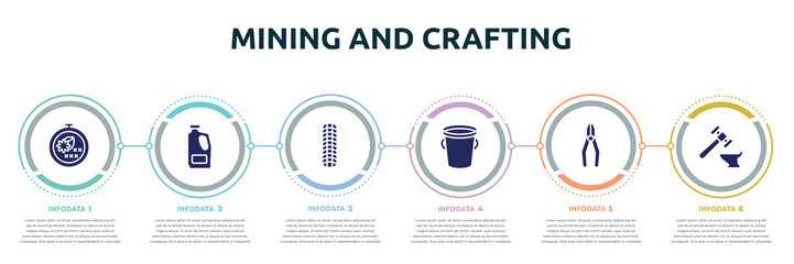 mining and crafting concept infographic design template. included cross stitch, detergent, tiremarks, water bucket, crimping pliers, blacksmith icons and 6 option or steps.