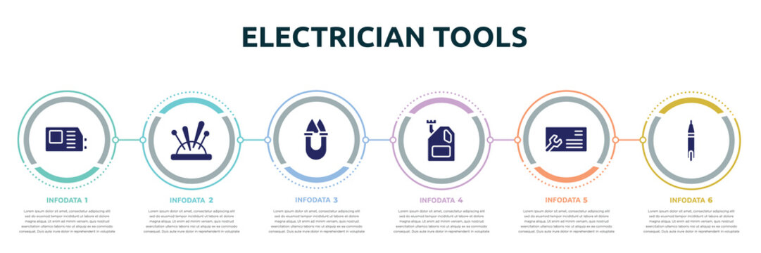 electrician tools concept infographic design template. included welding hine, needle holder, handheld, engine oil, business cards, voltage indicator icons and 6 option or steps.