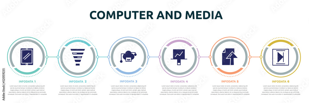 Poster computer and media concept infographic design template. included touch of screen, funnel chart, clou