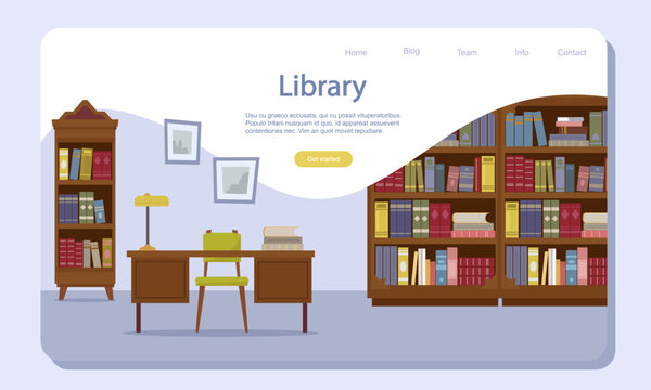 library landing. web design page with illustrations of book shelves with novels literature symbols. Vector template