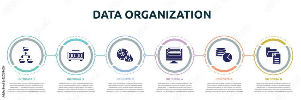 Aufkleber data organization concept infographic design template. included file system, digital clock, burn cd,