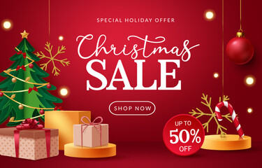 Christmas sale vector design. Christmas sale text with special holiday offer up to 50% off with christmas tree, gift and snow flakes element for holiday season promo discount. Vector illustration.
