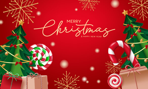 Merry christmas vector design. Merry christmas text with xmas tree, candy cane and gifts for holiday season greeting card. Vector illustration.
