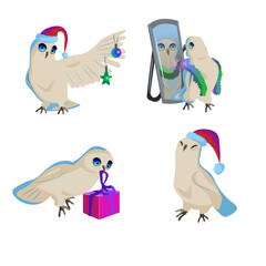 Christmas owls, holiday, set of birds