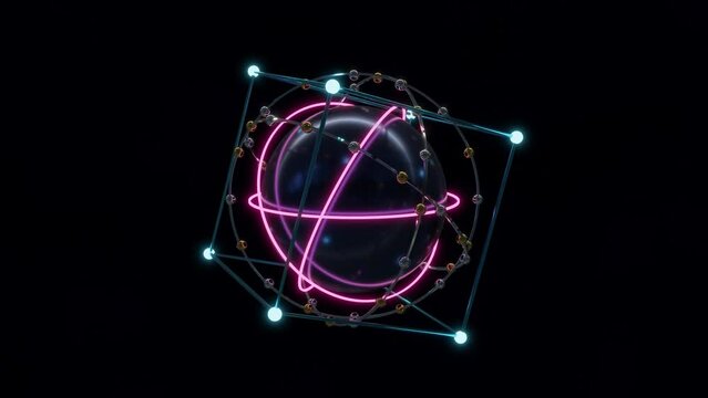 Abstract 3D render futuristic sci-fi construction of shiny sphere lights rings and other objects rotating transforming. Great for scientific, technological, industrial, futuristic, luxury, sci-fi illu
