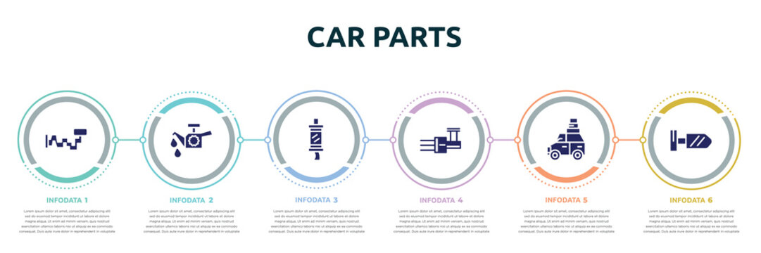 car parts concept infographic design template. included car crankshaft, car oil pump, silencer, distributor, luggage rack, wing mirror icons and 6 option or steps.