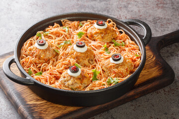 Halloween dinner of meatballs with monster eyes and pasta with tomato sauce in a frying pan on the table close-up. Horizontal