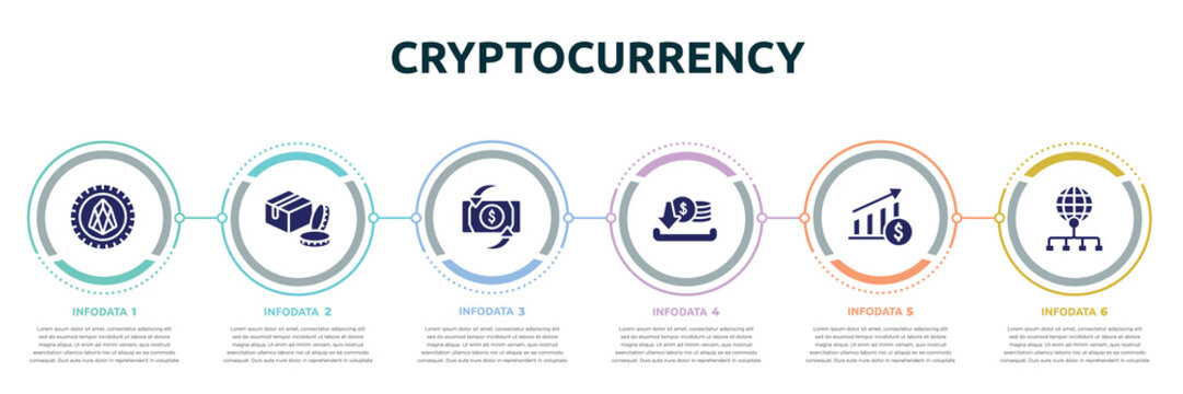 Cryptocurrency Concept Infographic Design Template. Included Eor Tokens, Packages, Return On Investment, Earning, Raise, Distribute Icons And 6 Option Or Steps.