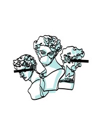 Statue of David’s head,  blue color, one mask, two black blurred eyes